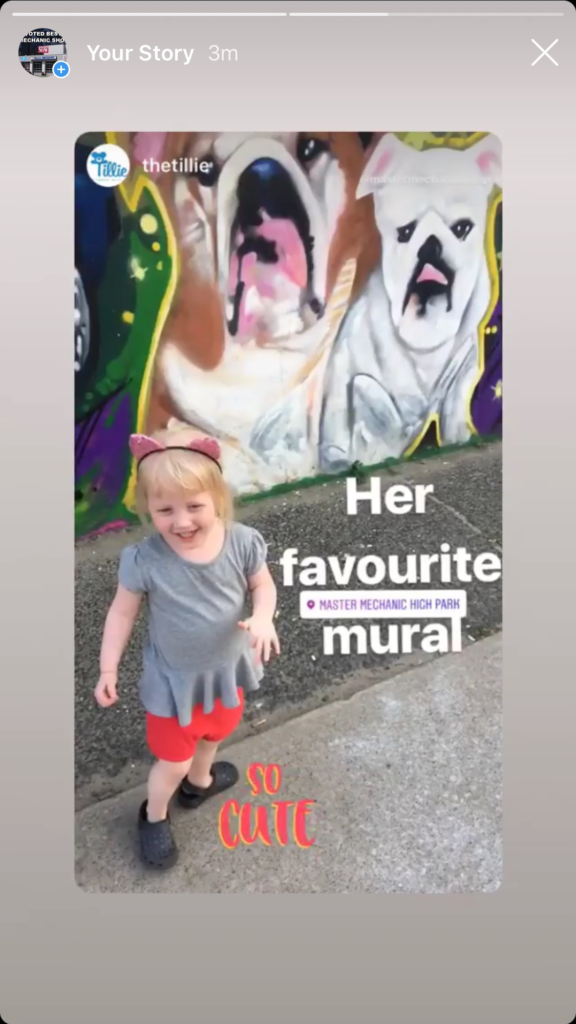 Clara–the girl that inspired the Tillie–visits the mural at Master Mechanic High Park.