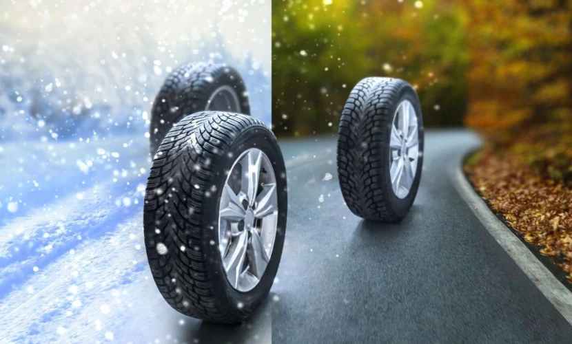 Car tires on a winter road changing to a spring road