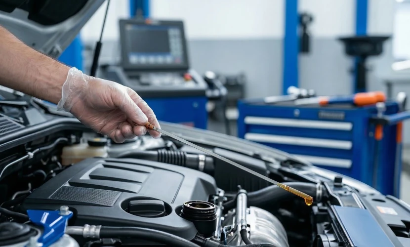 Professional mechanic checking car oil level with a dipstick in a service centre