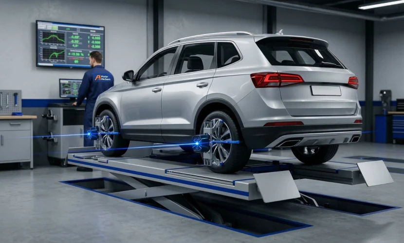 Master Mechanic technician performing a precision wheel alignment service on a car in a garage