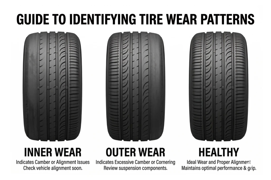 Infographic showing three types of tire tread wear patterns caused by alignment issues