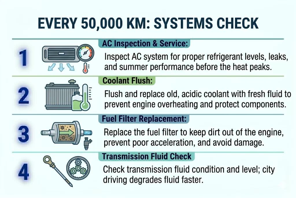 Infographic outlining vehicle maintenance tasks every 50,000 km, including AC inspection, coolant flush, fuel filter replacement, and transmission fluid check
