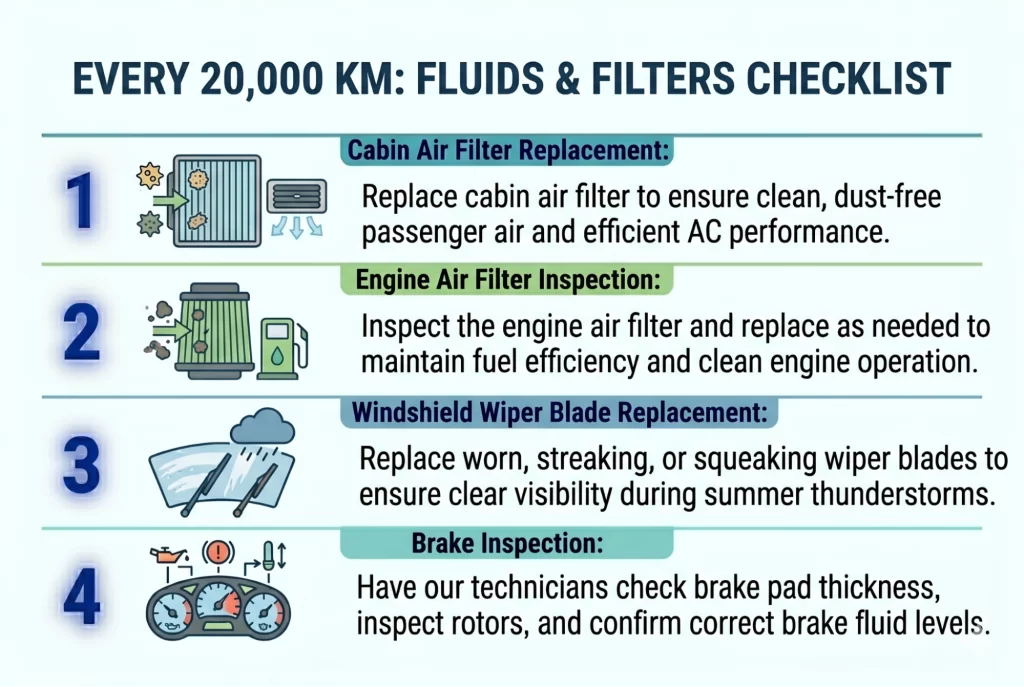 Infographic listing car maintenance tasks every 20,000 km, including cabin and engine air filter checks, wiper blade replacement, and brake inspection
