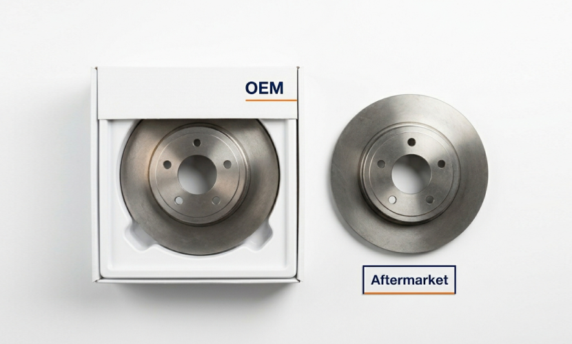 Two identical brake rotors side by side on a clean white background; one in OEM packaging