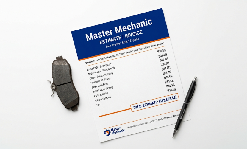 Brake repair cost estimate document on a crisp white surface
